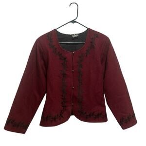 Ganesh Himal Handmade Nepal Maroon Wool Sweater Sz M Cardigan Button Embroidered